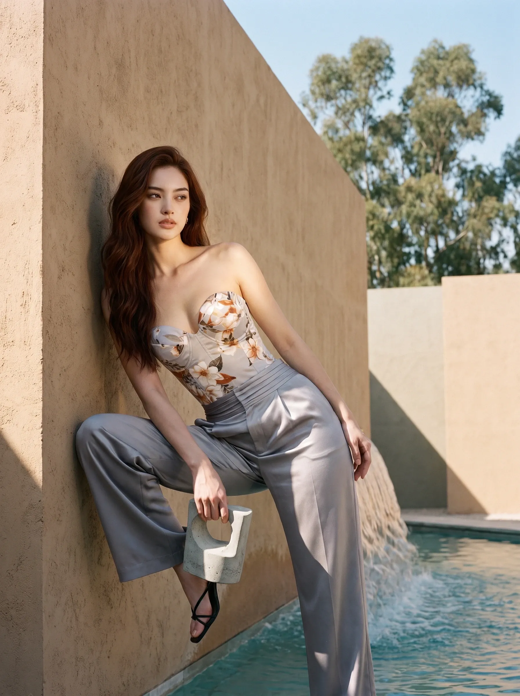 a SHER corset top in a floral print, the Floral Francia, worn with satin trousers beside a pool